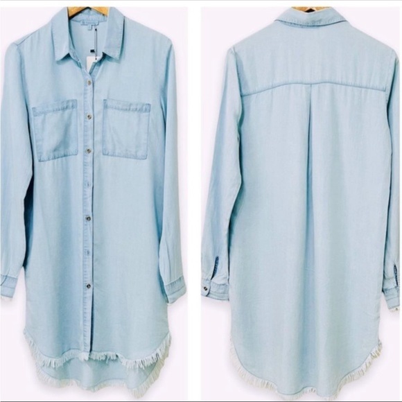 Light Wash Denim Oversized Shirt Chambray Button Up Fringed Hem Mini Dress NEW - Picture 4 of 5
